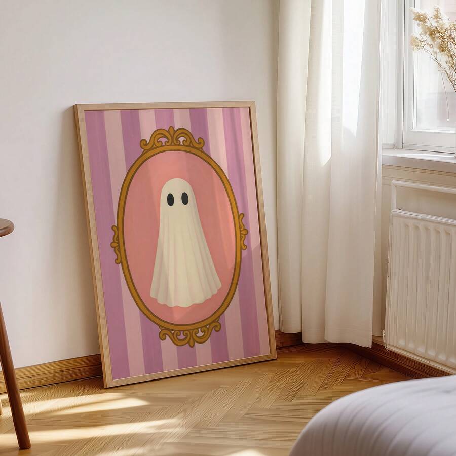 Soft gothic ghost wall art displayed beside a neutral bedroom