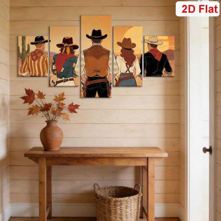 Cowgirl print and cowboy scene with horses warm gold orange and brown tones