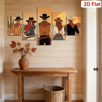 Cowgirl print and cowboy scene with horses warm gold orange and brown tones