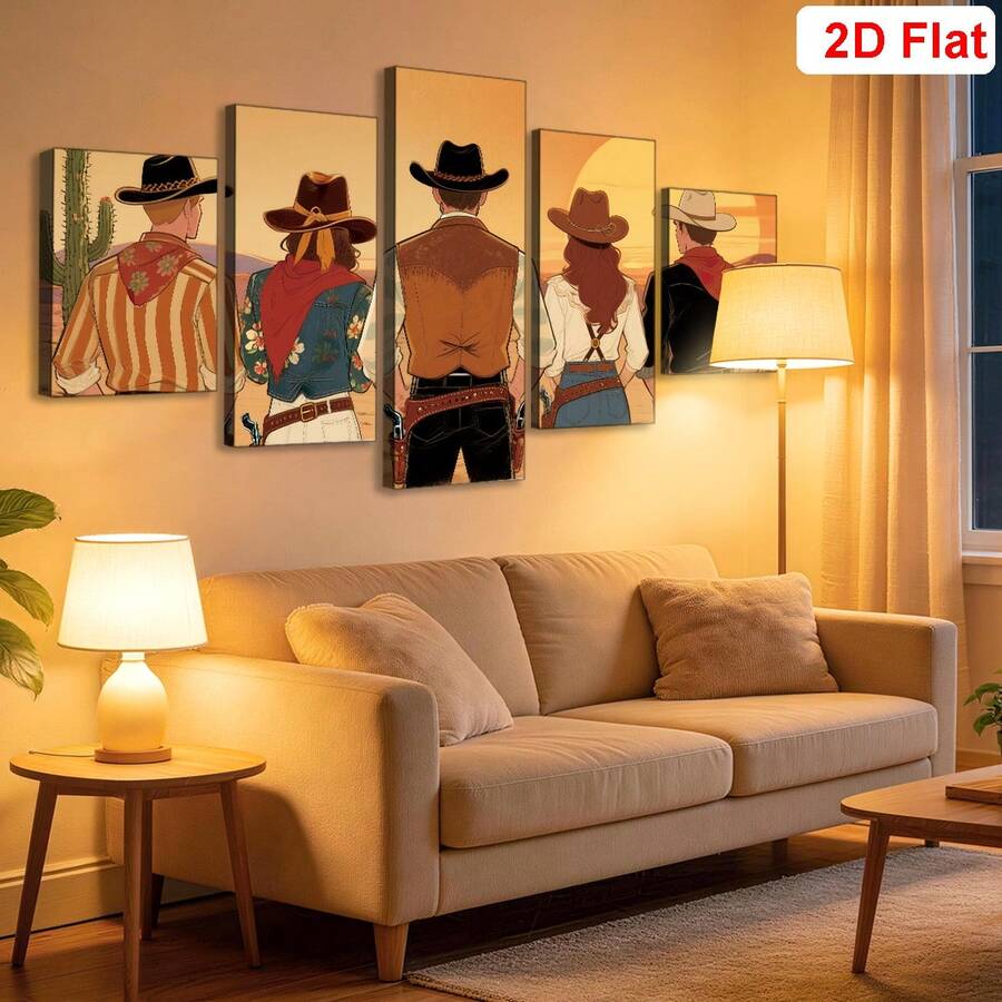 Multi panel western art display with staggered canvas layout and wild west style