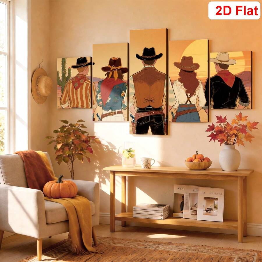 Cowgirl print and cowboy scene with horses warm gold orange and brown tones