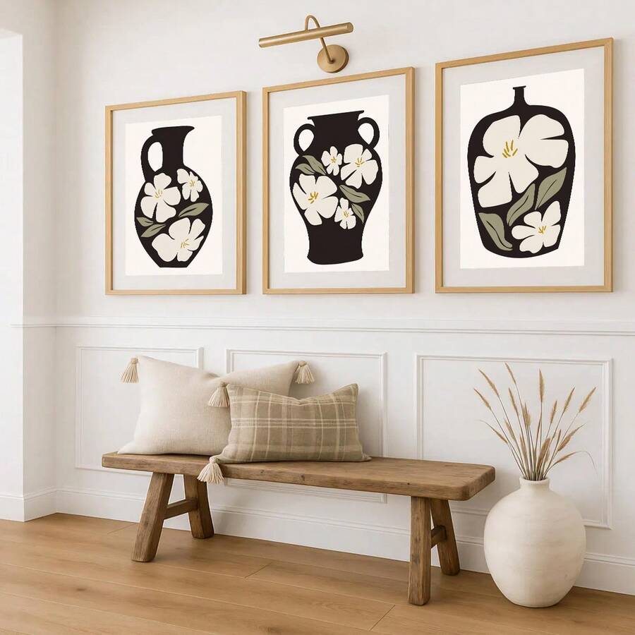 Minimalist flower vase poster set in a bright modern room
