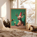 Funny Christmas reindeer poster in light wood frame
