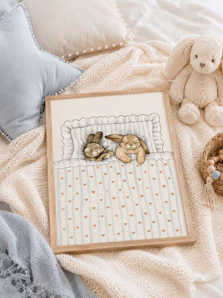 Two Cute Rabbits Sleeping In Heart Shaped Blanket Canvas Poster 