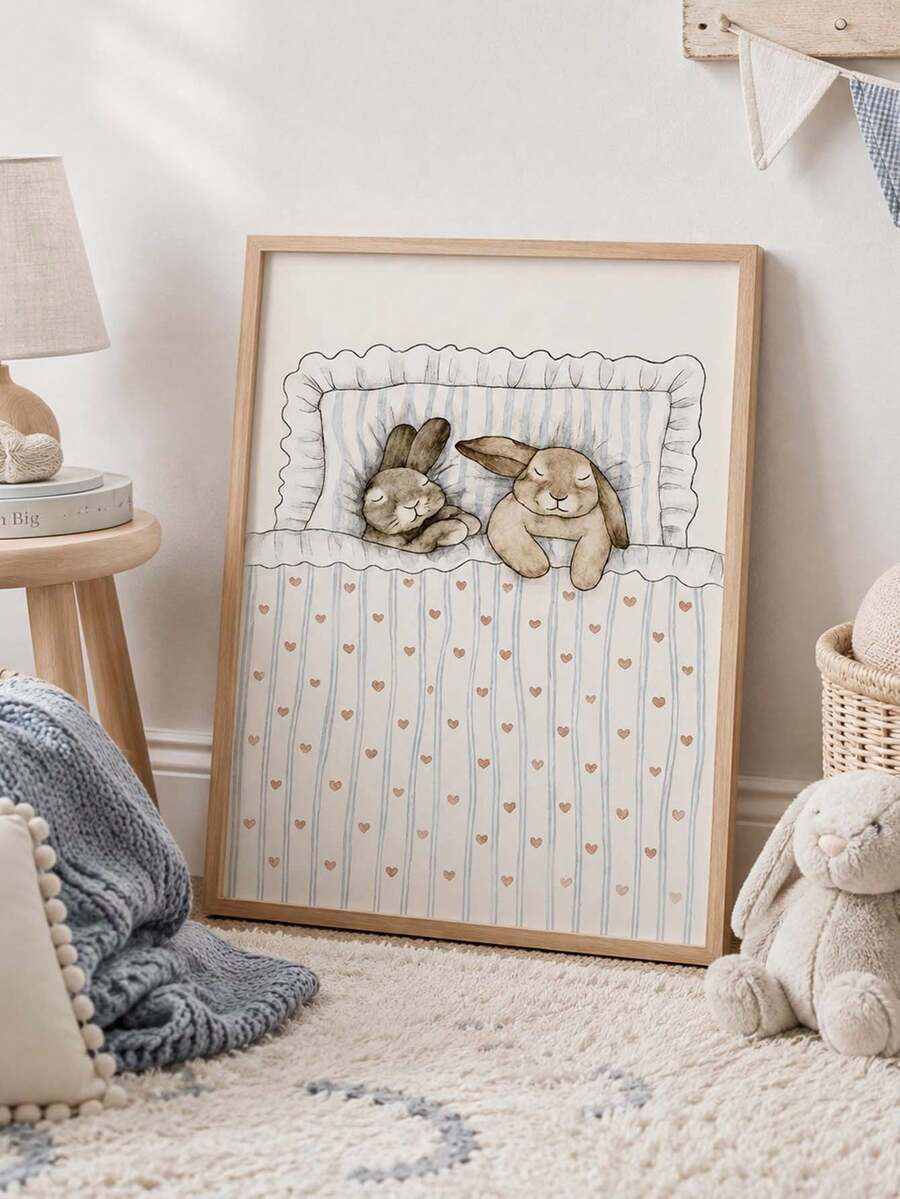 Two Cute Rabbits Sleeping In Heart Shaped Blanket Canvas Poster 