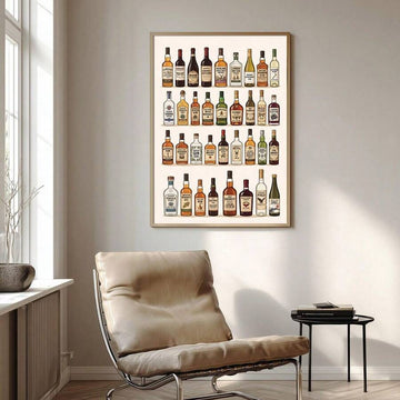 Liquor bottle chart wall art with rows of illustrated spirits bottles