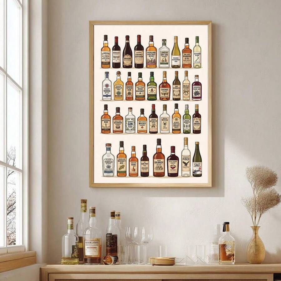 Home bar wall art in light wood frame above lounge chair