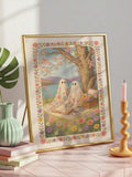 Pastel ghost tea picnic artwork beside a green vase and pink candle