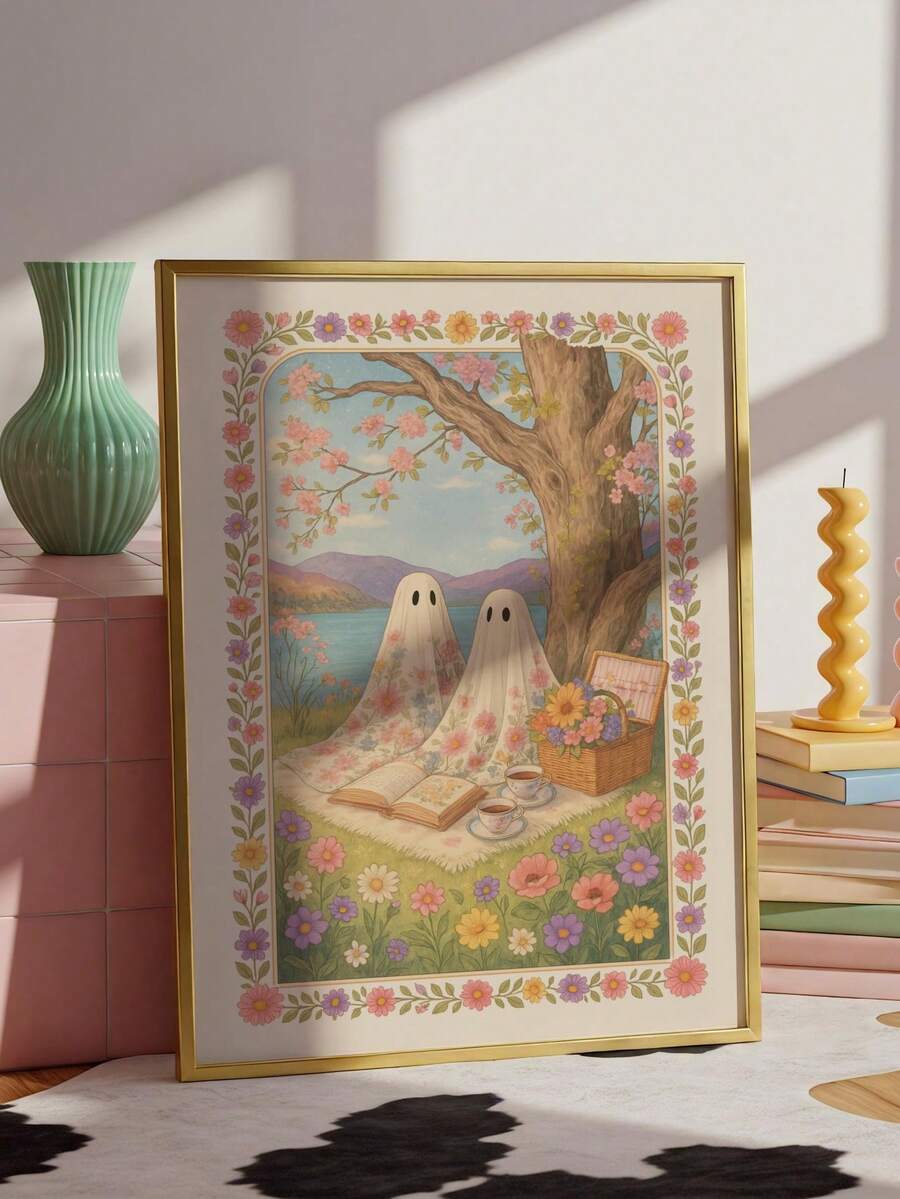 Gold framed ghost picnic print styled among colorful pastel home decor