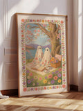 Large framed ghost picnic illustration leaning in a sunlit paneled room