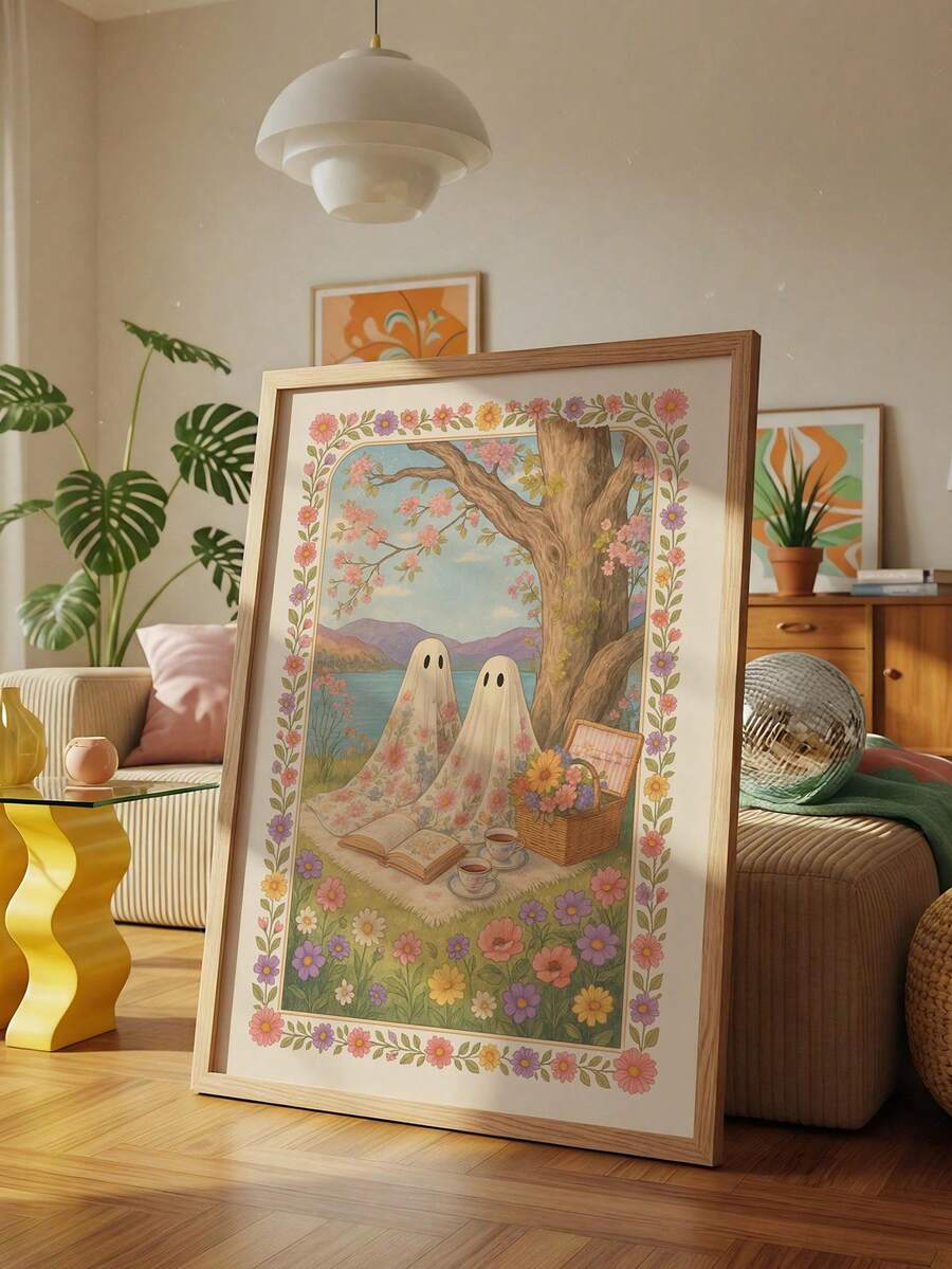 Framed pastel ghost picnic print beside a sofa in a cozy living room