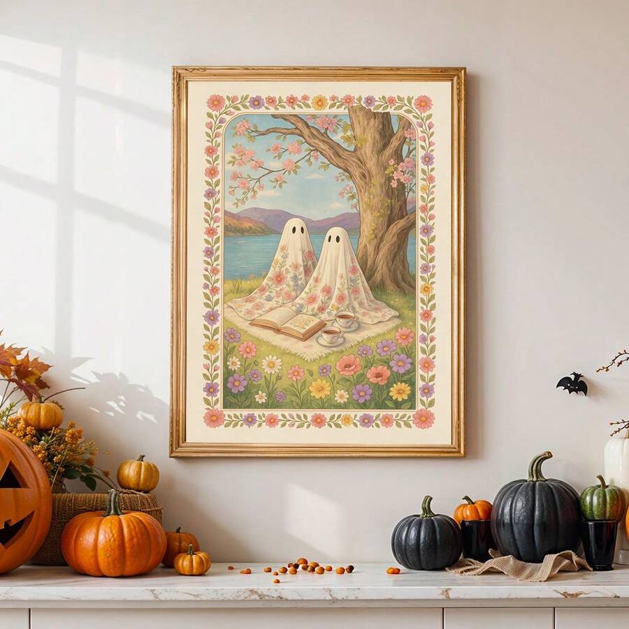 Gold framed floral ghost picnic print above pumpkins and a jack-o-lantern