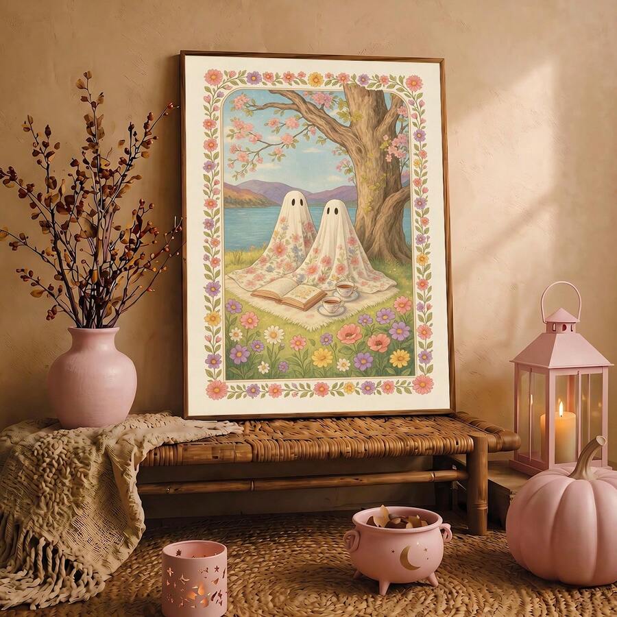 Pastel ghost picnic print in a wood frame on a rattan bench with autumn decor