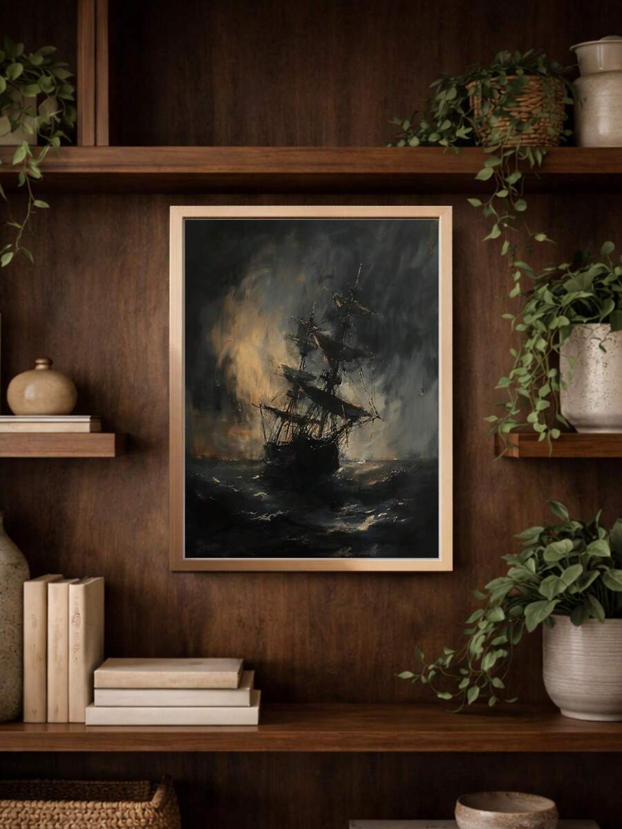 Ghost ship canvas poster with storm tossed sailing ship