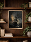 Stormy sea wall art with smoky gray sky and amber glow