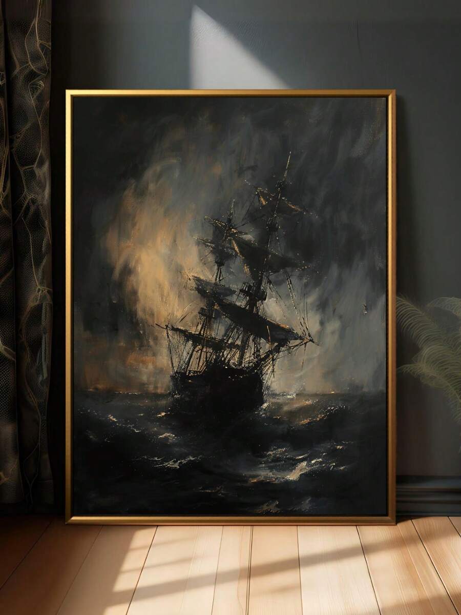 Ghost ship canvas poster with storm tossed sailing ship