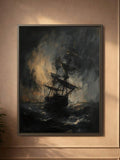 Vintage maritime print with black ship silhouette on rough ocean