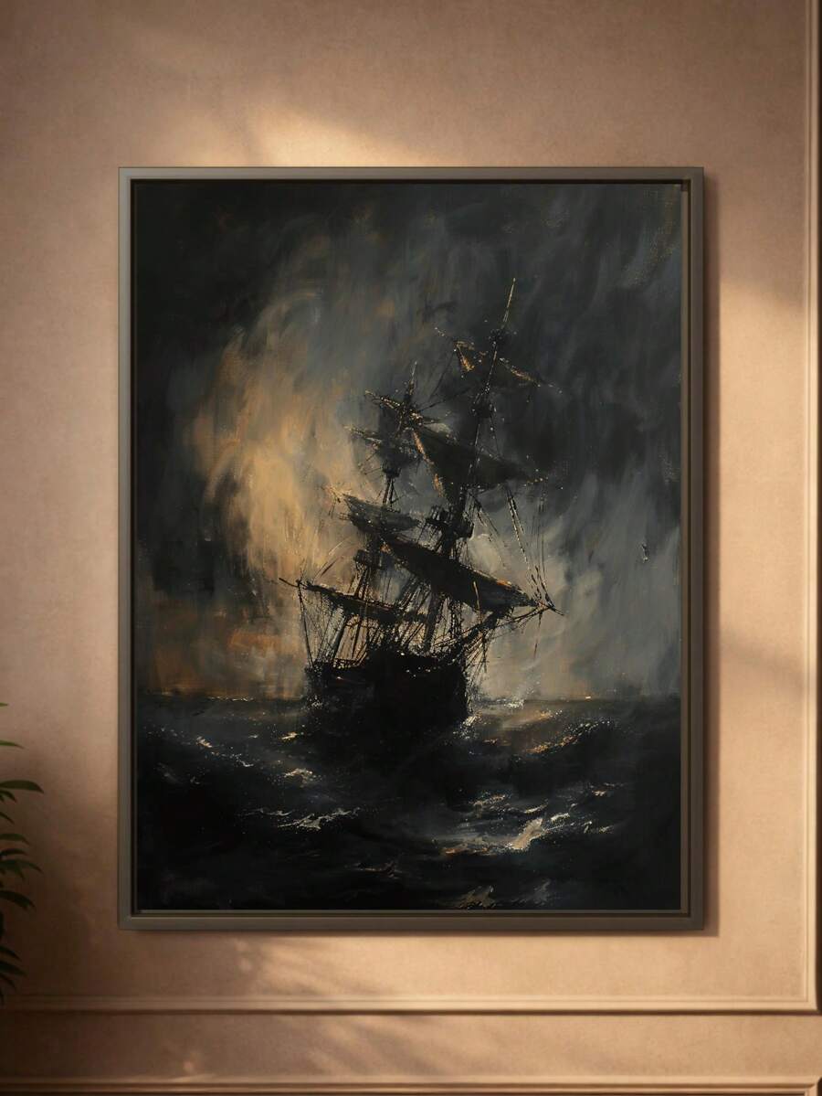 Vintage maritime print with black ship silhouette on rough ocean