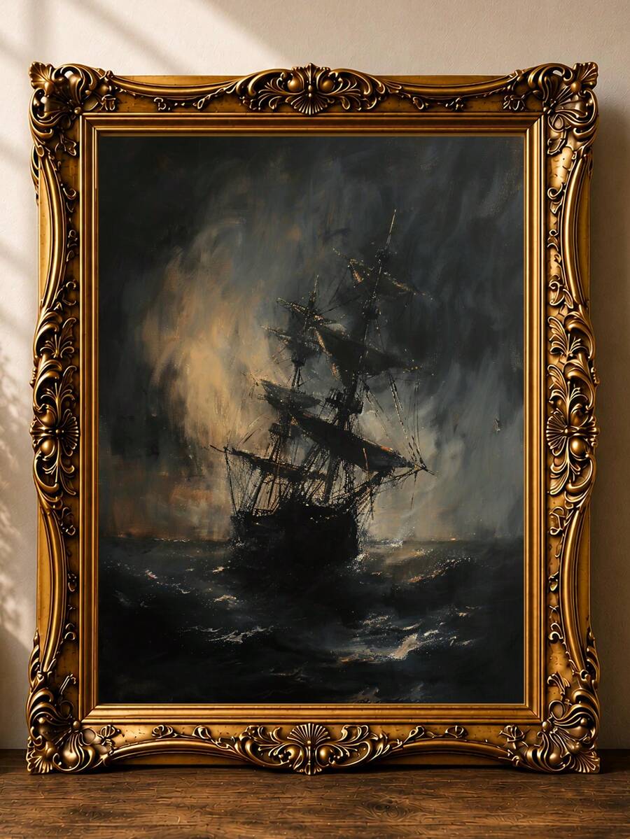 Dark ocean poster with charcoal navy gray and muted gold tones