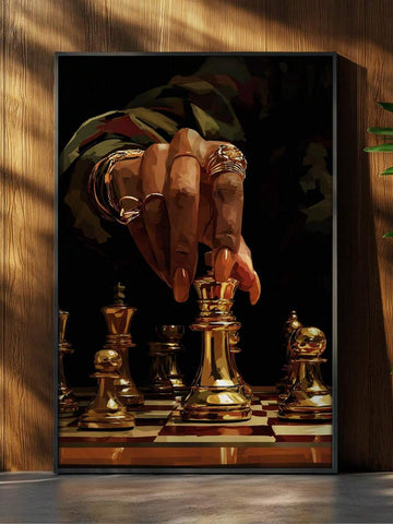 Gold chess wall art with hand moving metallic chess piece