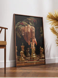 Black gold canvas poster leaning on floor in dramatic room