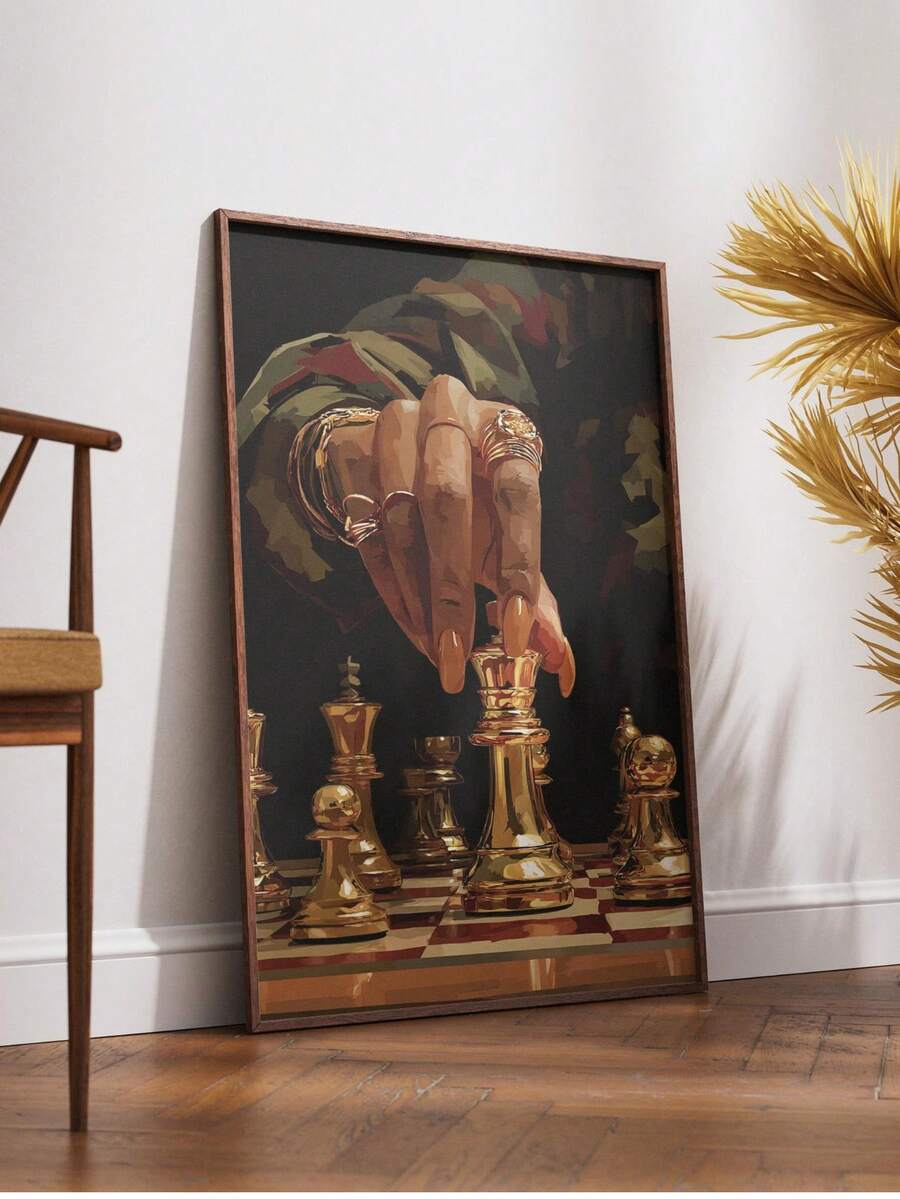 Black gold canvas poster leaning on floor in dramatic room