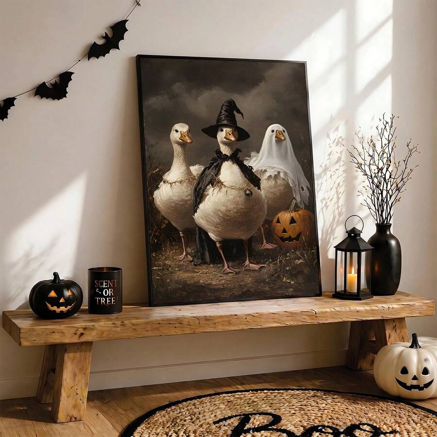 Duck witch art with playful farmhouse Halloween style