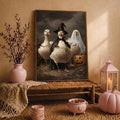Ghost costume art featuring cute ducks in warm neutral tones
