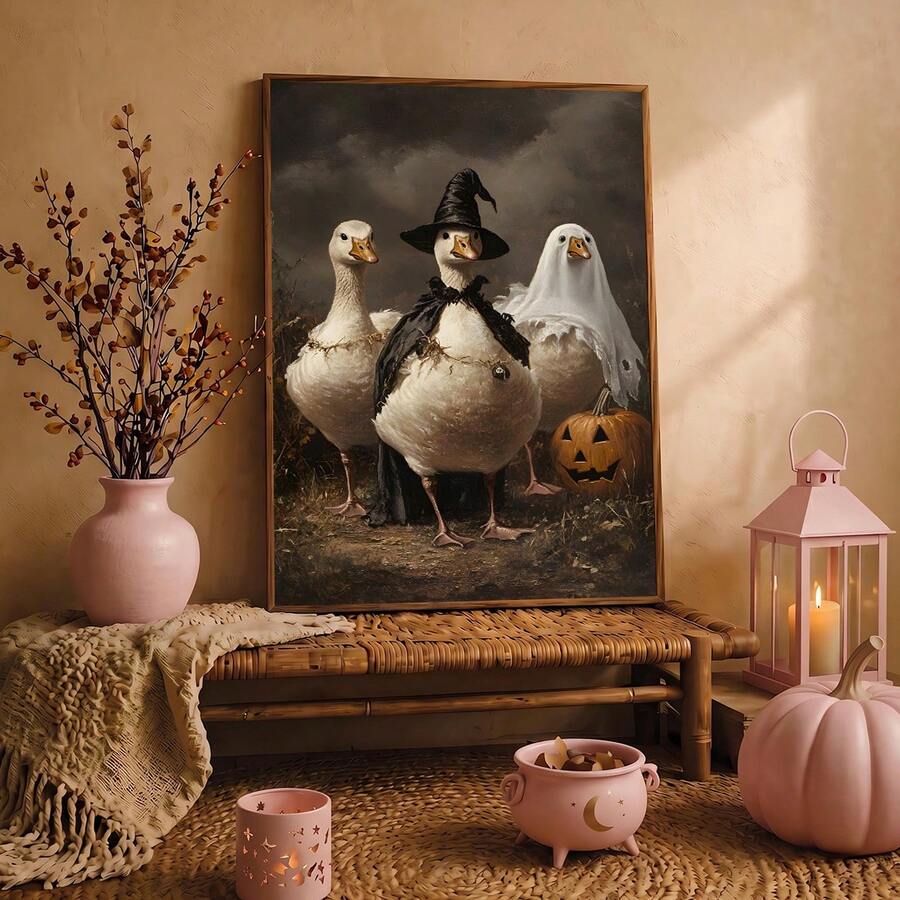 Ghost costume art featuring cute ducks in warm neutral tones
