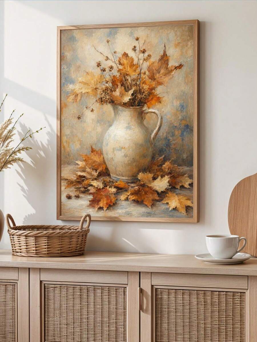 Painterly autumn maple leaves in cream ceramic pitcher poster leaning on shelf in sunlit neutral room