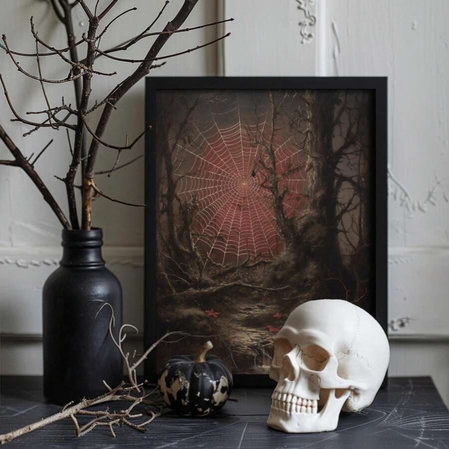 Spiderweb forest poster with red moon glow and twisted trees