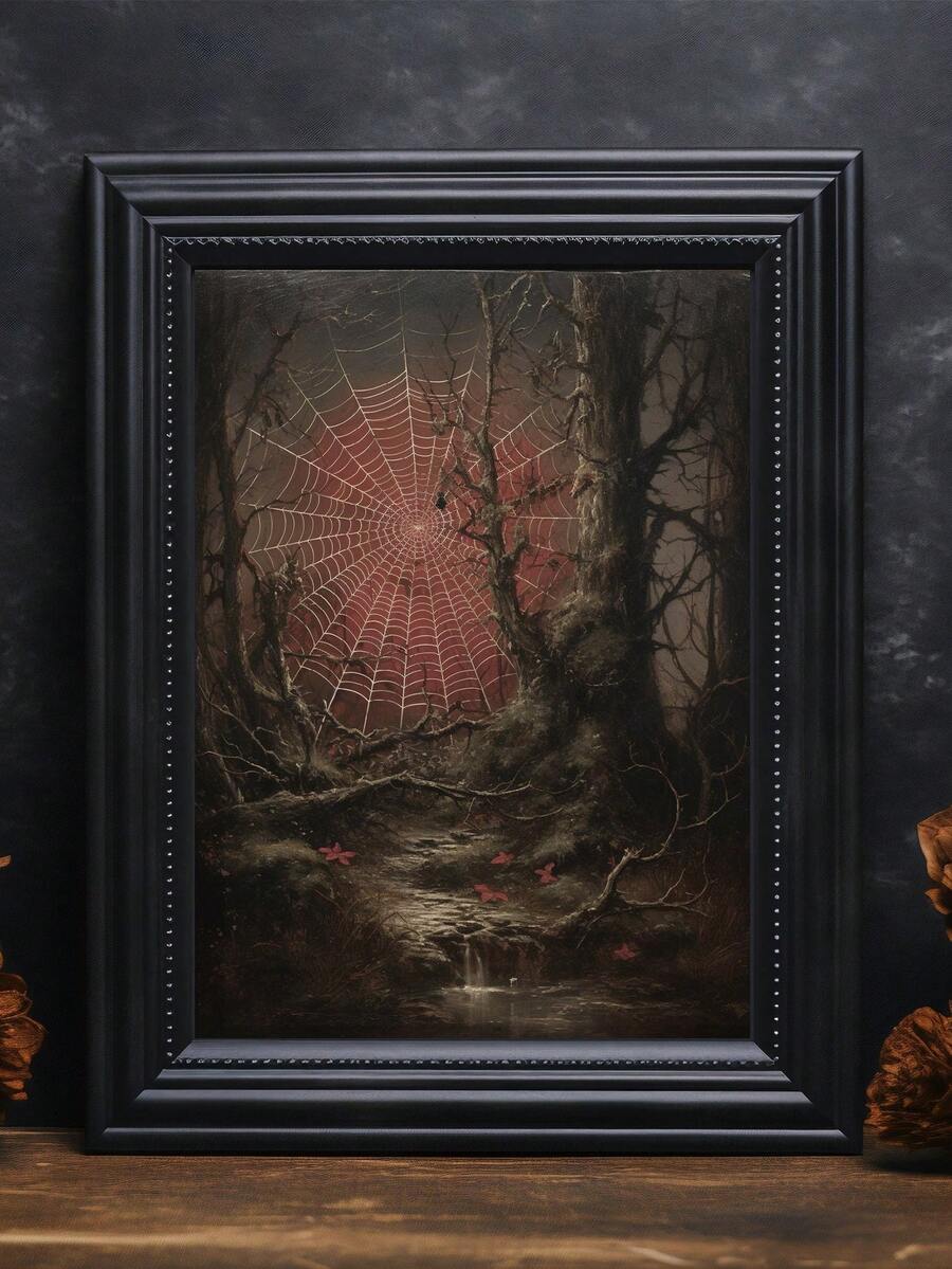 Spiderweb forest poster with red moon glow and twisted trees
