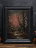 Spiderweb forest poster with red moon glow and twisted trees