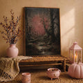 Dark academia forest print styled in moody room decor