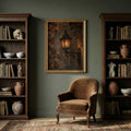 Dark academia autumn art in library with bookshelves and chair