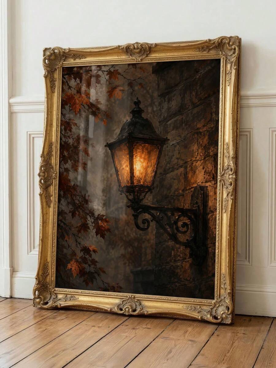 Gothic lantern wall decor with stone wall and amber light