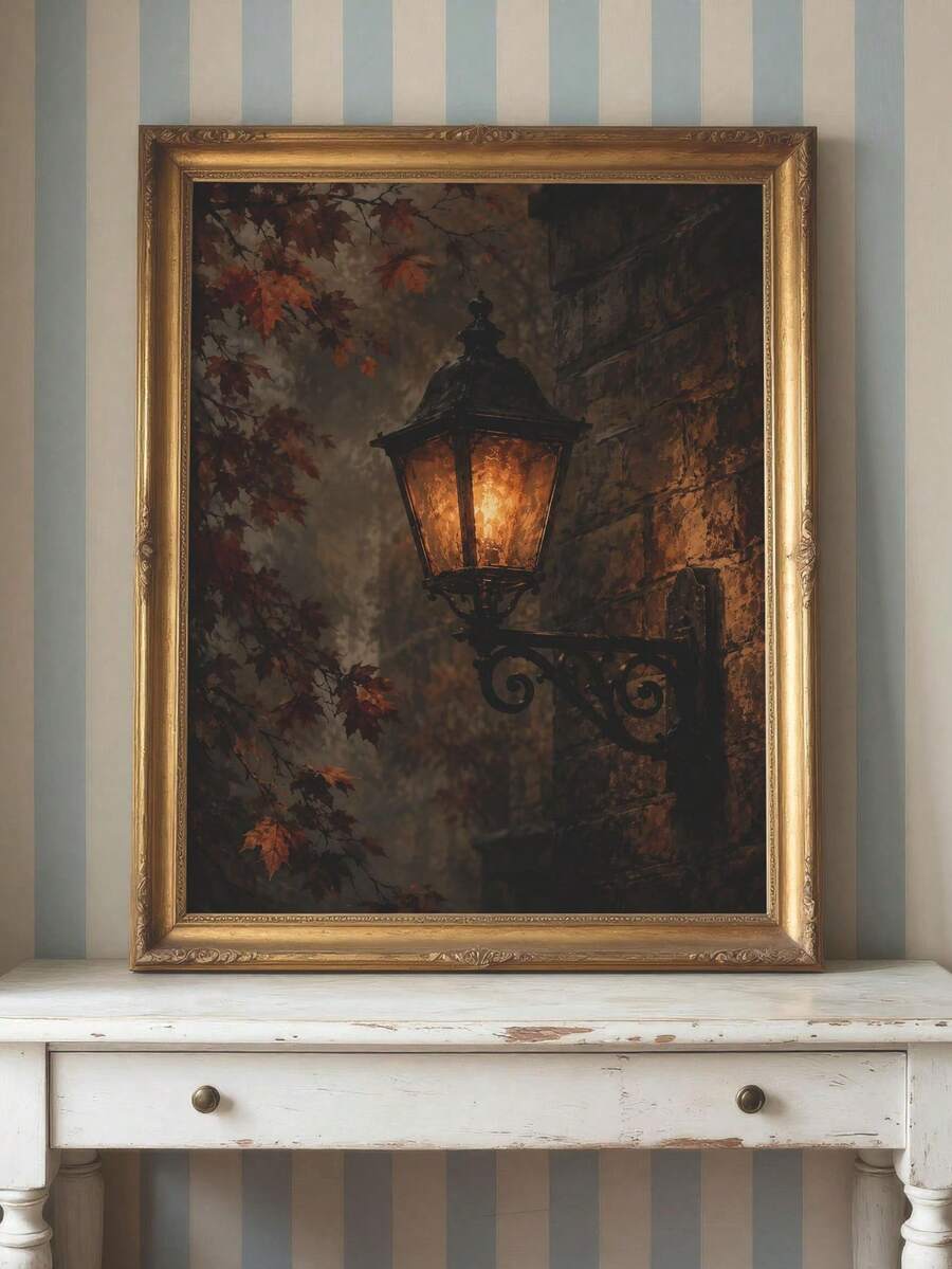 Victorian lamp canvas in ornate gold frame mockup