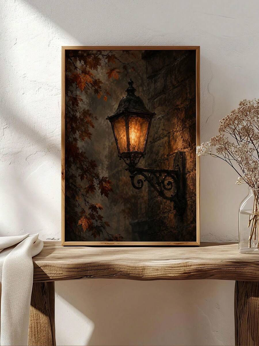 Vintage street lamp poster with glowing lantern and autumn leaves