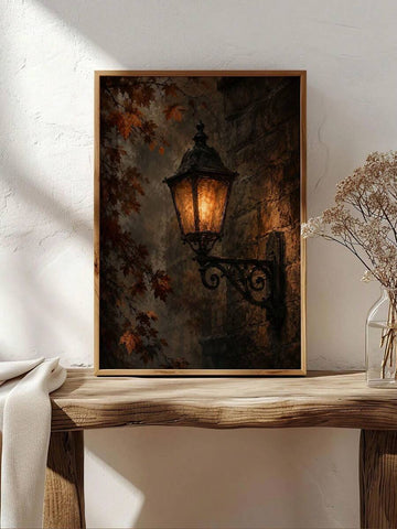 Vintage street lamp poster with glowing lantern and autumn leaves