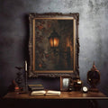 Moody library wall art styled with candles books and clock