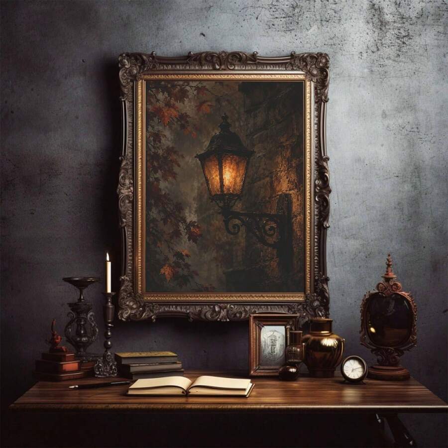 Moody library wall art styled with candles books and clock
