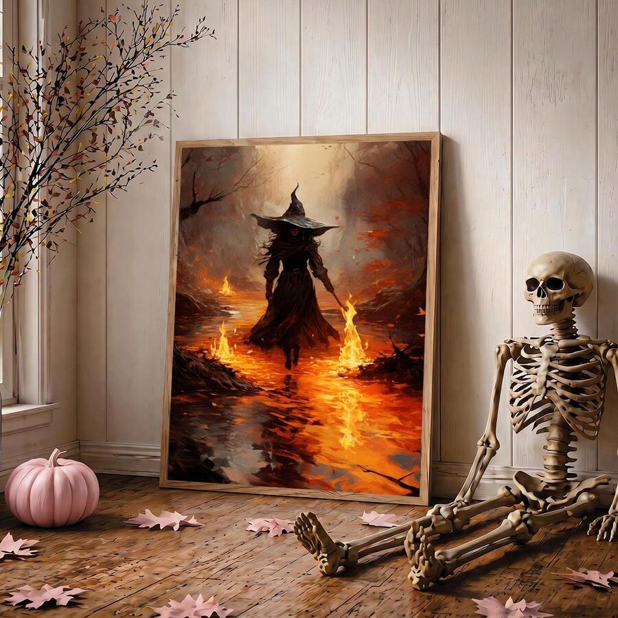 Framed witch with fire wand poster leans beside skeleton in autumn Halloween room