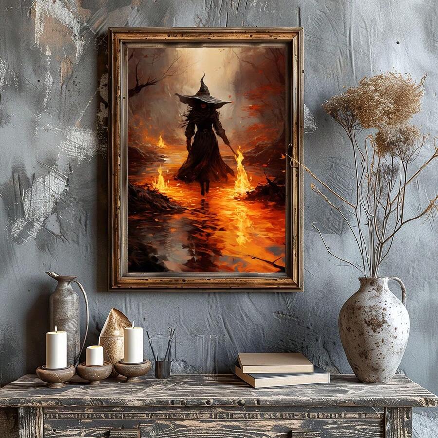 Dark witch walks through fiery autumn river holding flame wand in gothic framed poster
