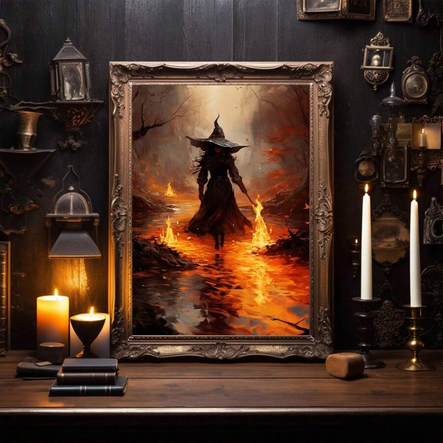 Gothic witch flame river print in ornate frame with candles and dark academia decor