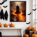 Halloween witch river poster on white wall with bats pumpkins and black hanging cloth