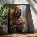 Grim reaper pink rose poster in wood frame beside green plant on sunlit textured wall