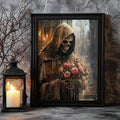 Dark gothic grim reaper rose print in black frame beside lantern candle and bare branches