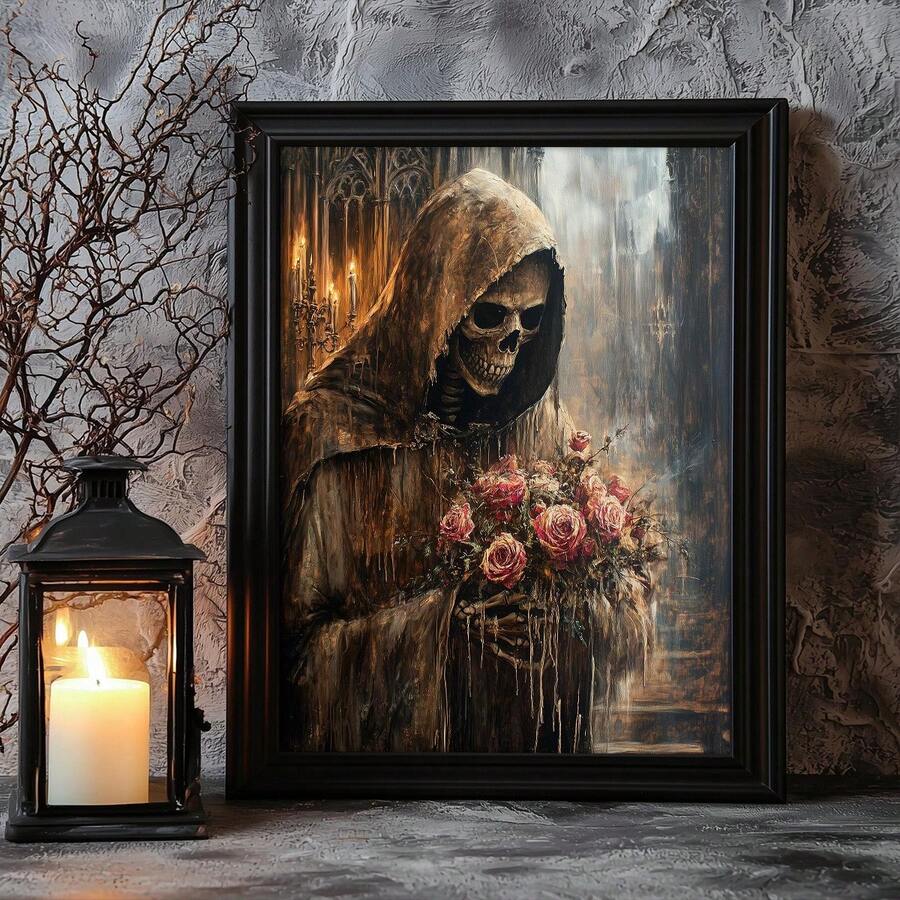 Dark gothic grim reaper rose print in black frame beside lantern candle and bare branches