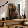Grim reaper holding pink roses poster leans on Halloween shelf with pumpkins and lantern