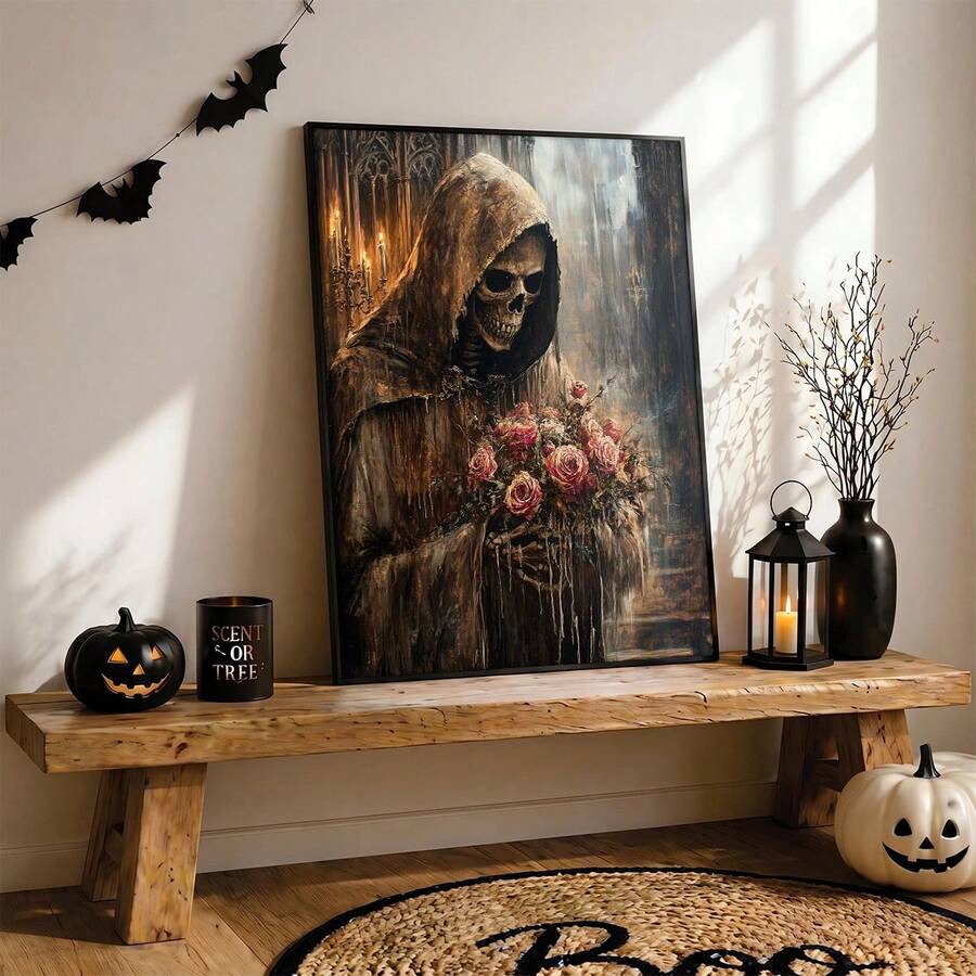 Grim reaper holding pink roses poster leans on Halloween shelf with pumpkins and lantern